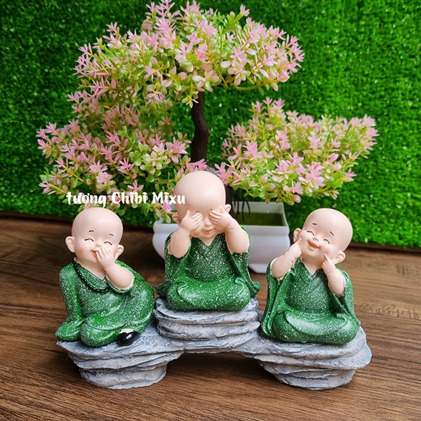 Bộ 03 tượng chú tiểu Tam Không áo xanh lá